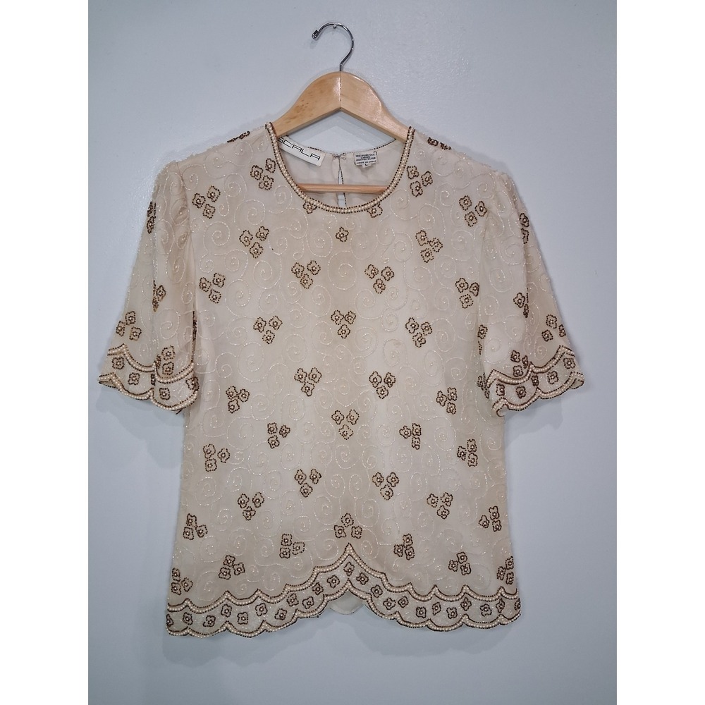 Vintage Scala Vintage Silk Beaded Blouse Cream Bronze Pearl Scalloped Top Large